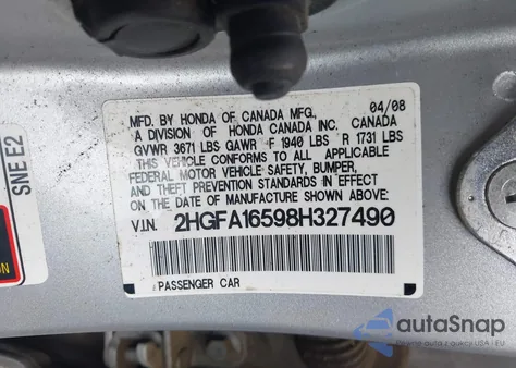 2008 Honda Civic Lx z USA, uszkodzony, nr VIN 2HGFA16598H327490